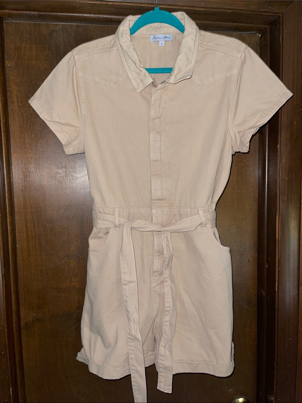 Unbranded Cream Short-Sleeve Utility Romper with Tie Waist
